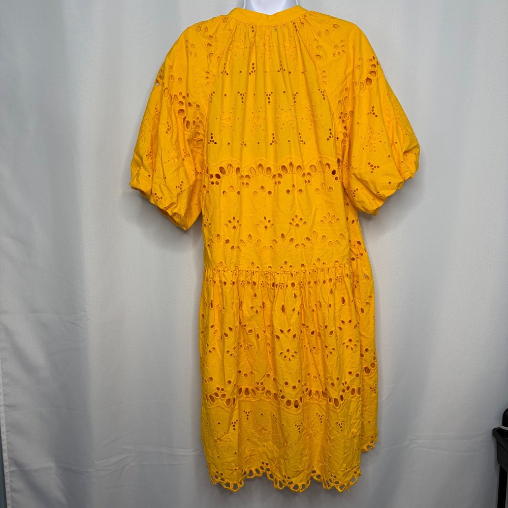 Anthropologie Yellow Eyelet Lace Tiered Midi Dress Puff Sleeve Button Front M - Picture 3 of 10